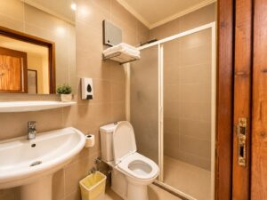Private bathroom with shower cabin, sink, plant, and fresh towels in double sea view room at Dyarna Hotel Dahab